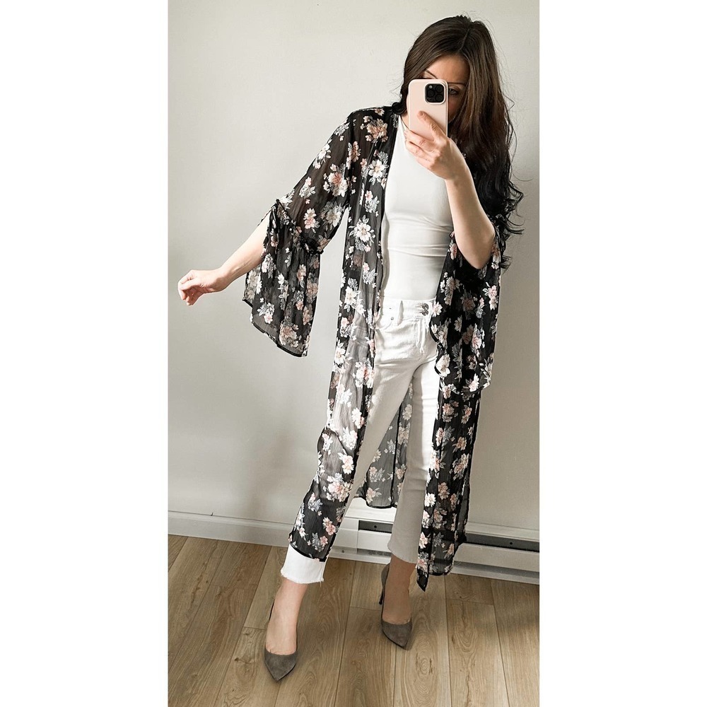 Band Of Gypsies Black Floral Sheer Long Duster Bell sleeve Kimono sz Large